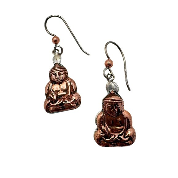 Moosepablos Handcrafted Sterling & Copper Buddha Earrings Signed - Picture 1 of 6